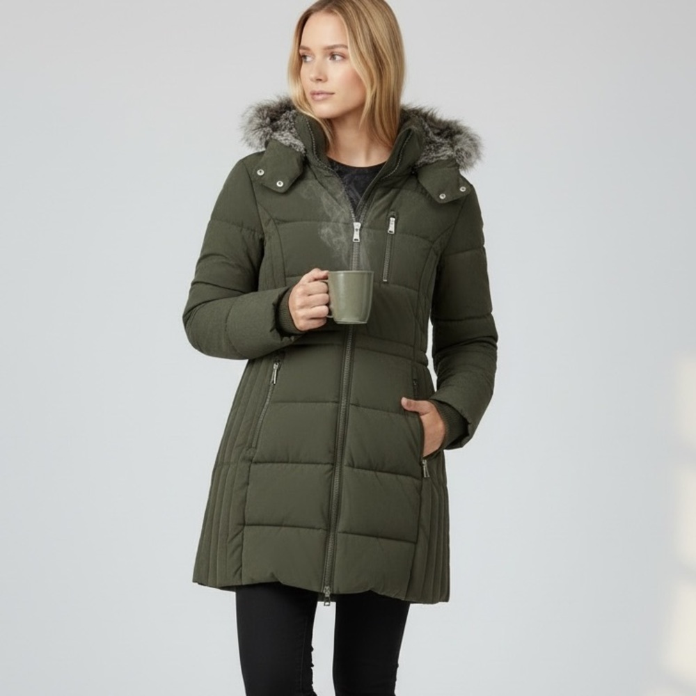 Nautica  NWOT Olive Puffer Coat with Faux Fur Hood